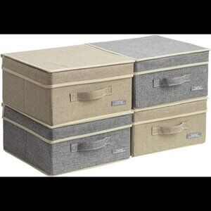 4 Pack Small Fabric Storage Box with Lids,  Gray&Linen Set 12.4in/12in/6.7in